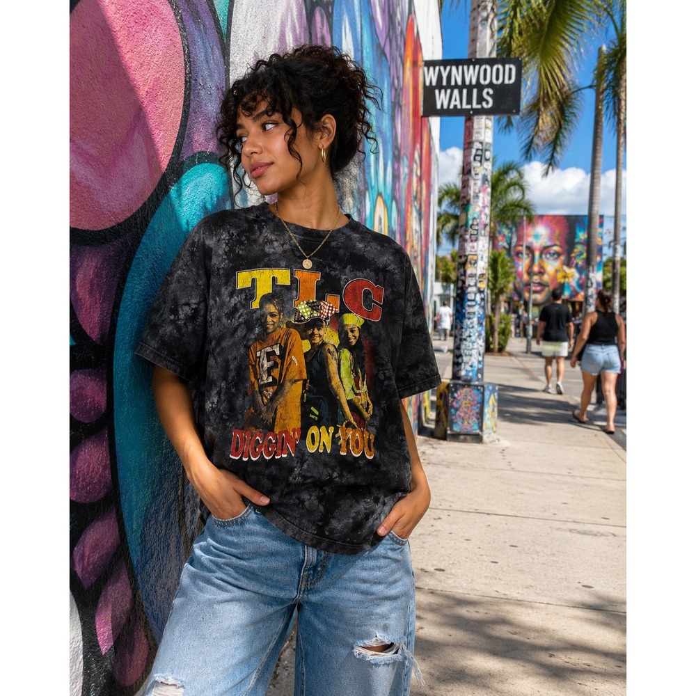 TLC Diggin On You Graphic Tee Large Black Tie Dye Band Shirt Distressed